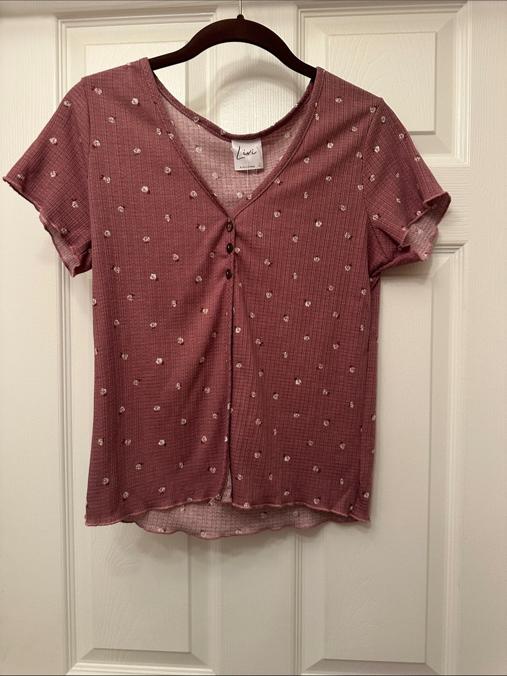 Olivia Rae Rose-Mauve Floral V-Neck Button Tee
